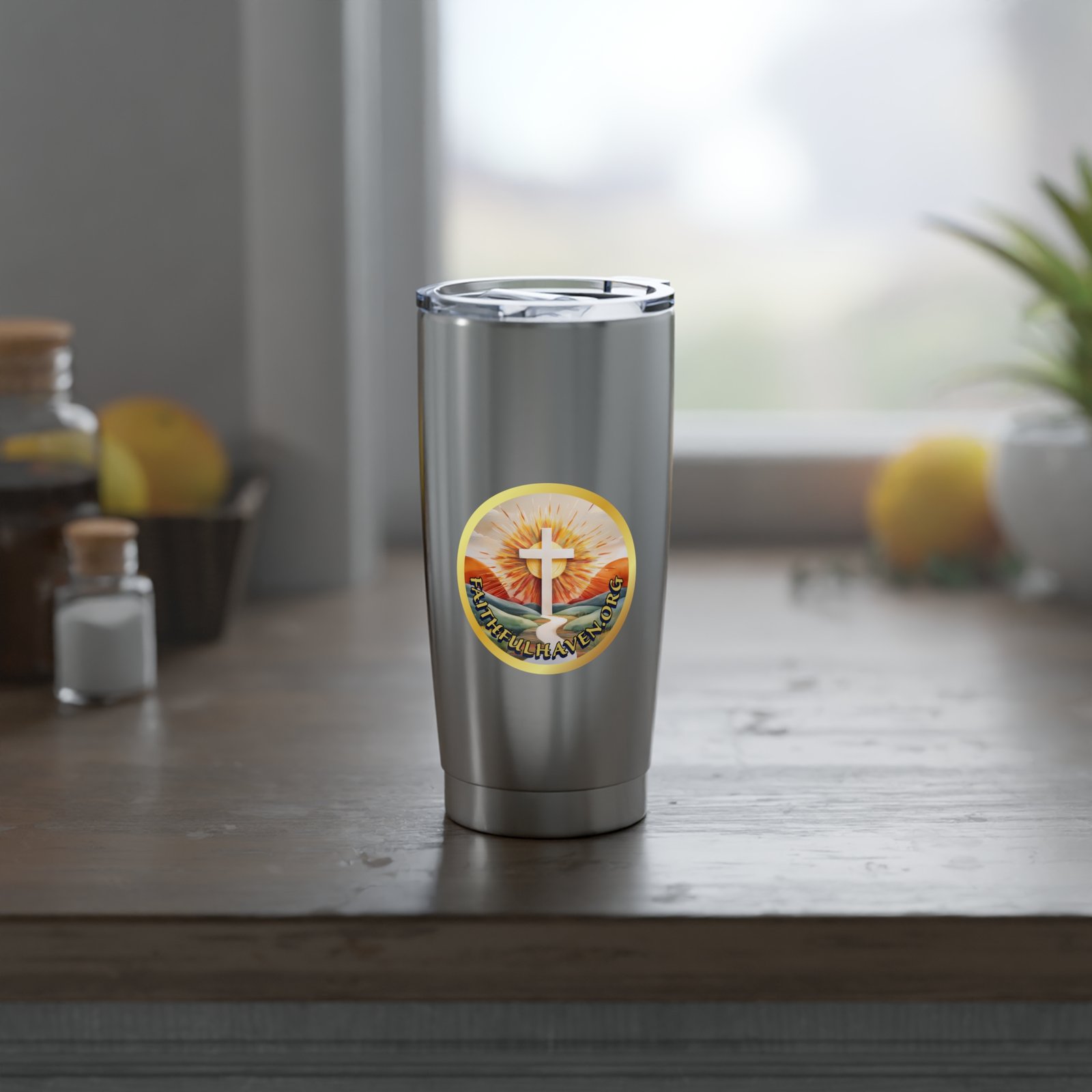 Stainless steal tumbler with faithful haven logo.