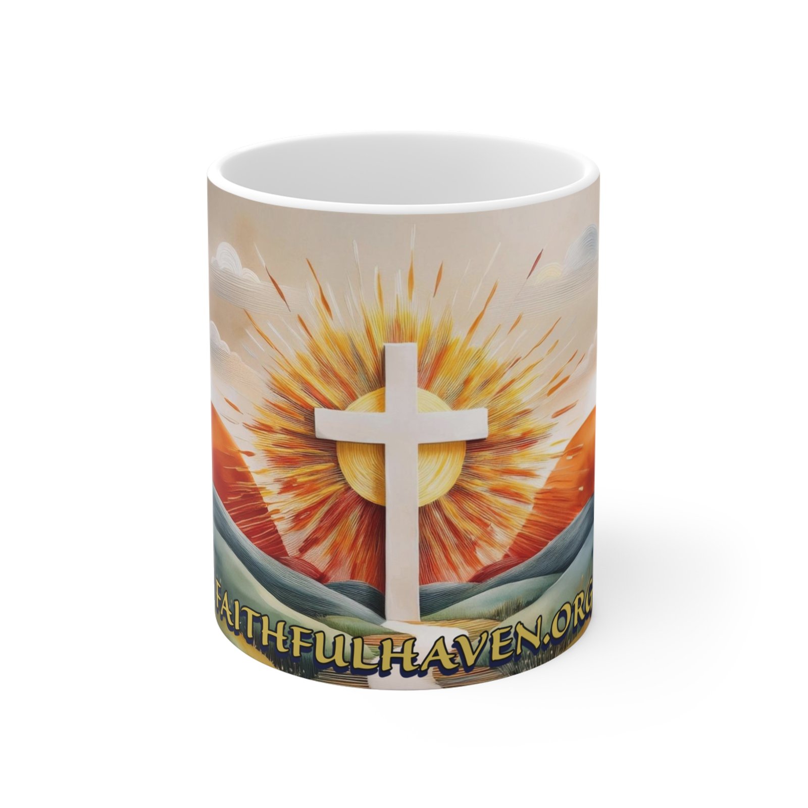 a ceramic cup with images of the cross with a  path leading to it.