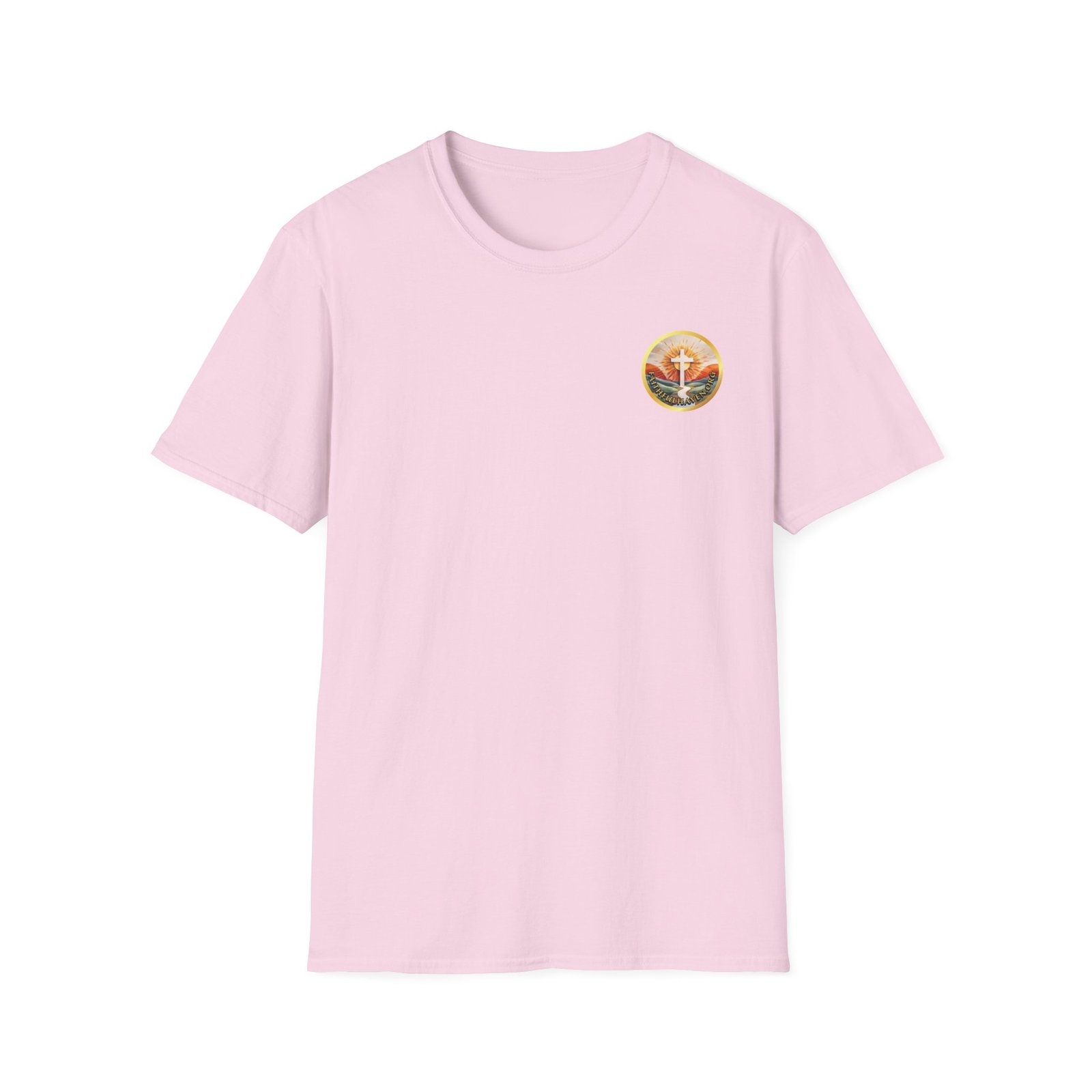 Light pink shirt with front logo of faithful haven.