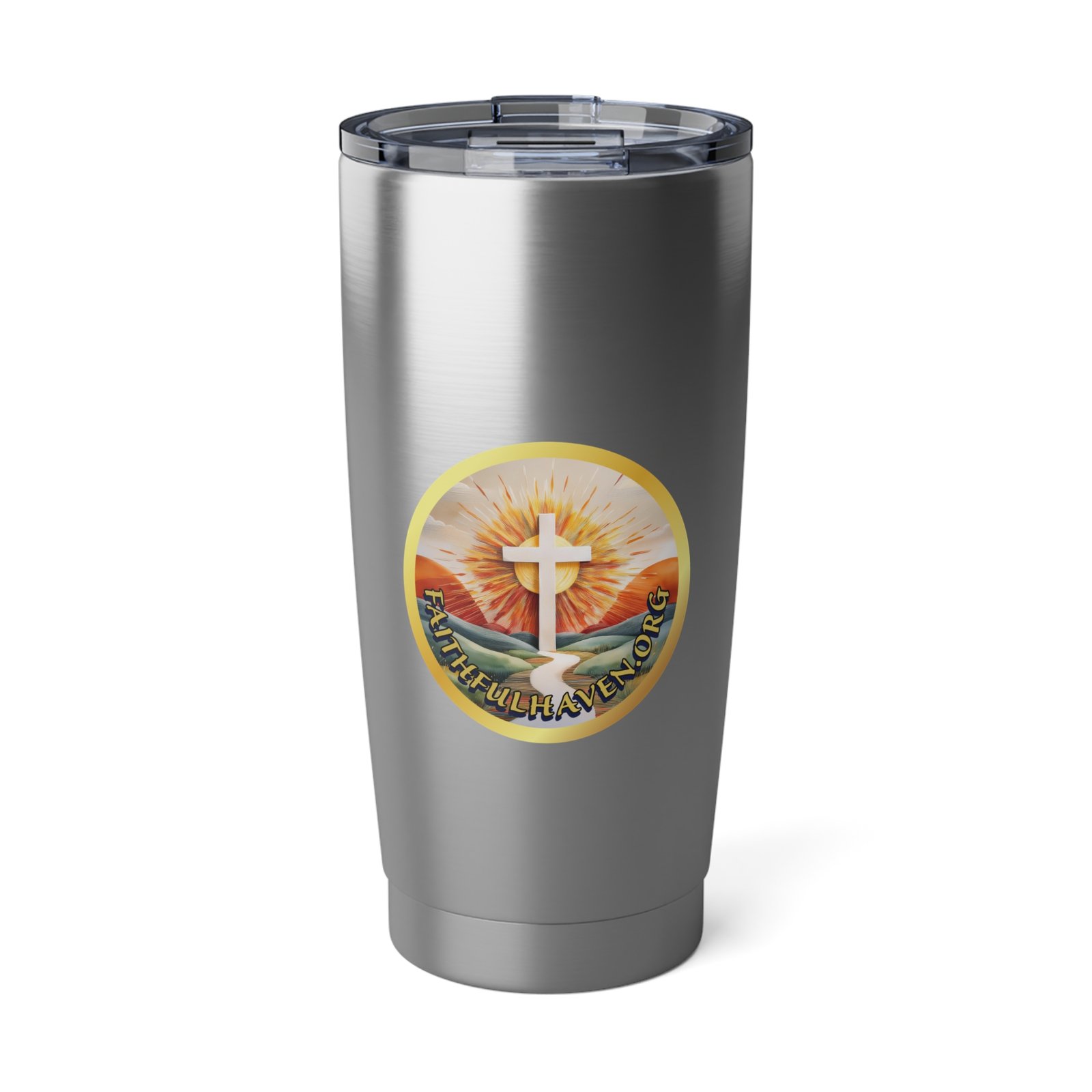 Stainless steal tumbler with faithful haven logo.