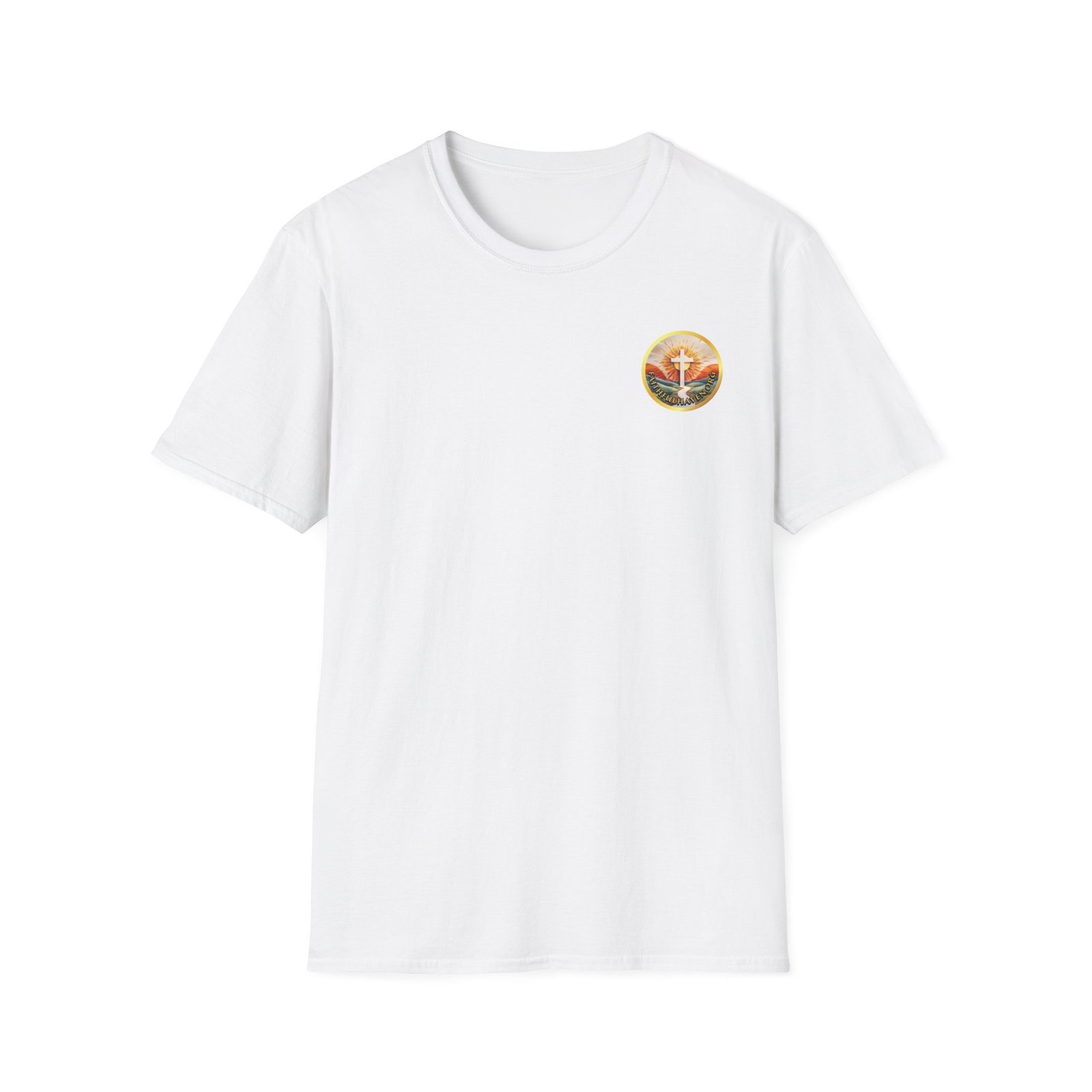 White shirt with front logo of faithful haven.