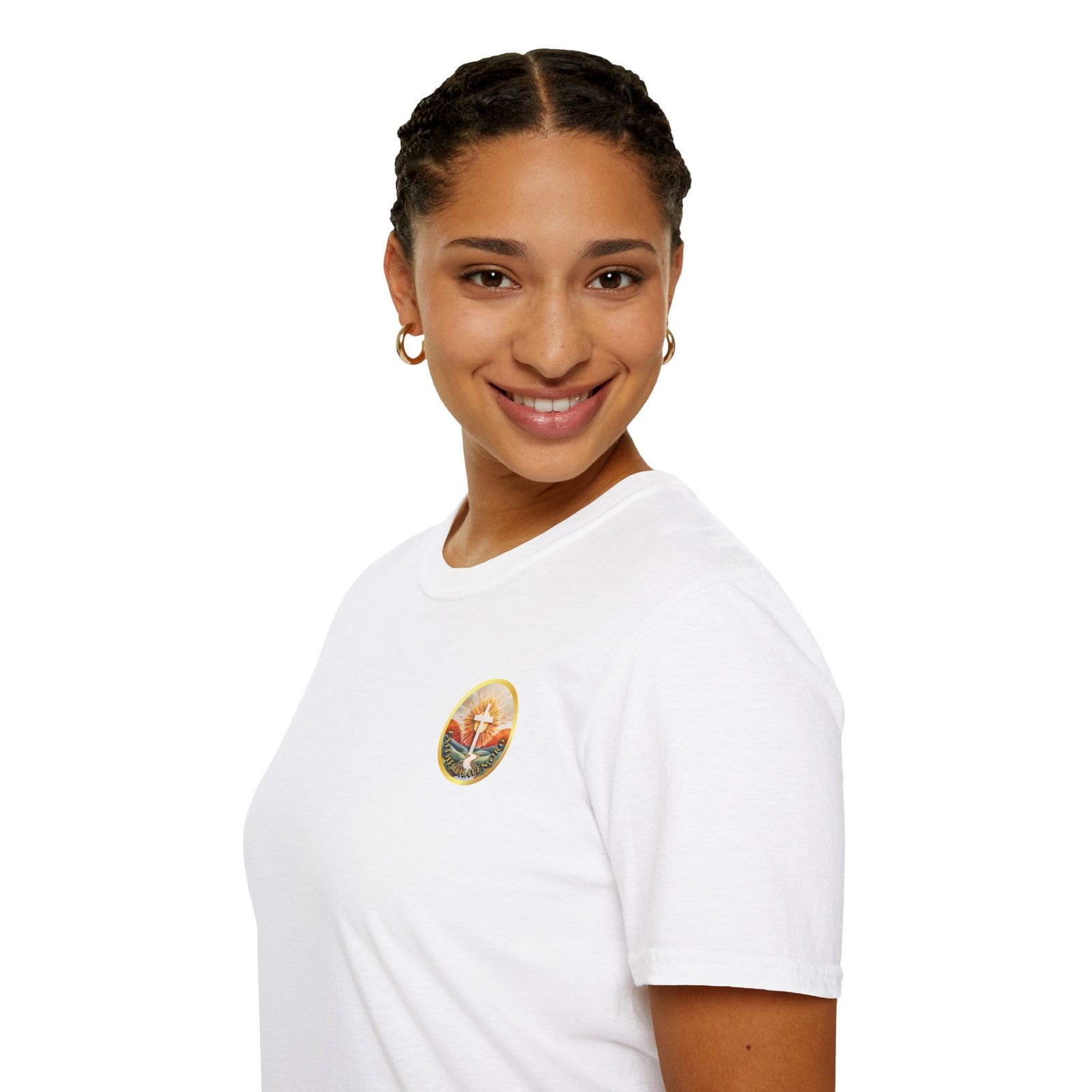 Woman wearing white shirt with front logo of faithful haven.