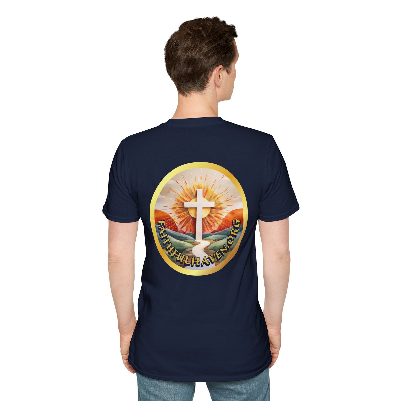 Man wearing navy blue shirt with back logo of faithful haven.